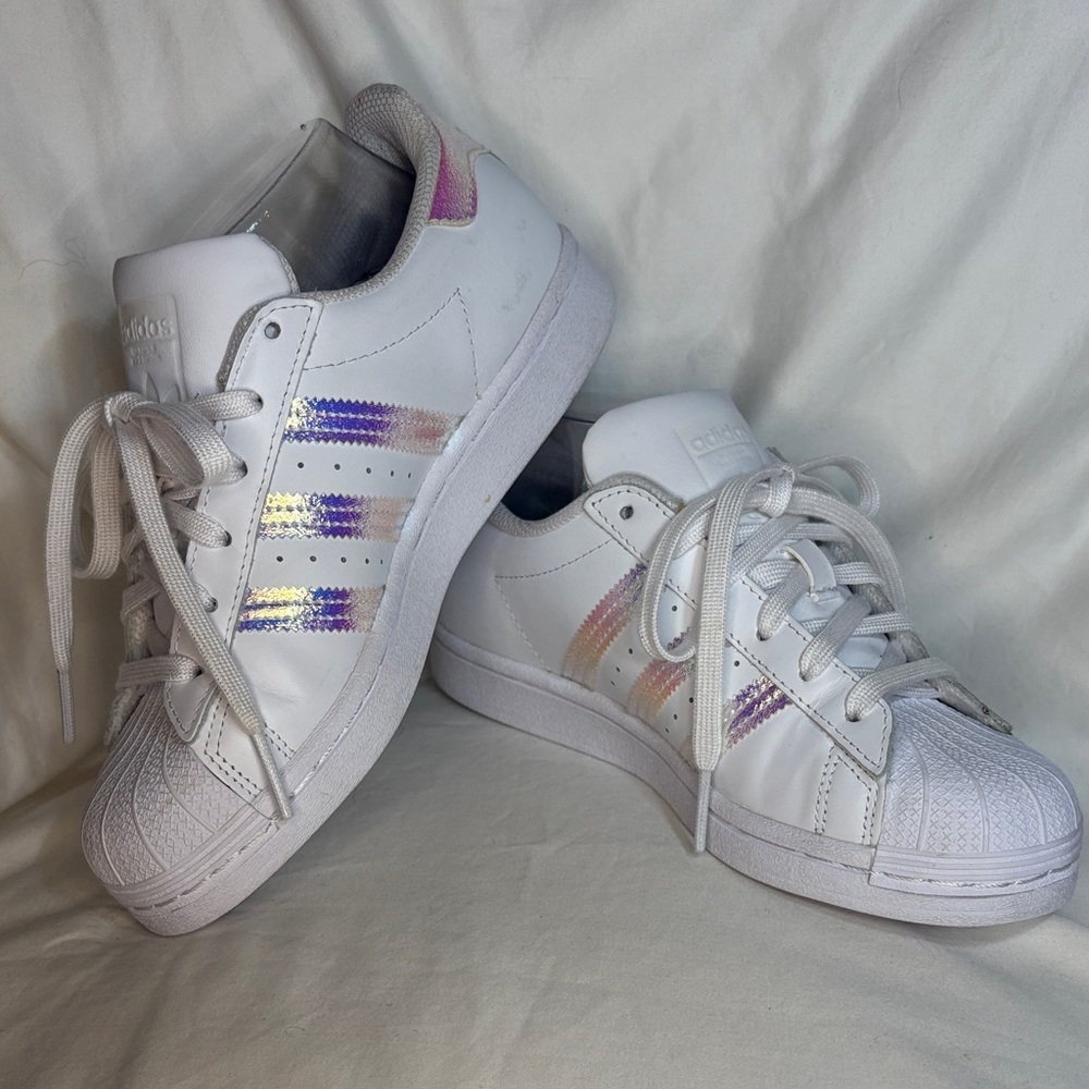 Adidas Original Superstar White Lace Up Sneakers Iridescent 3-Stripe Sz 5